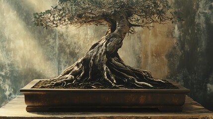 Artistic bonsai tree showcasing intricate roots.