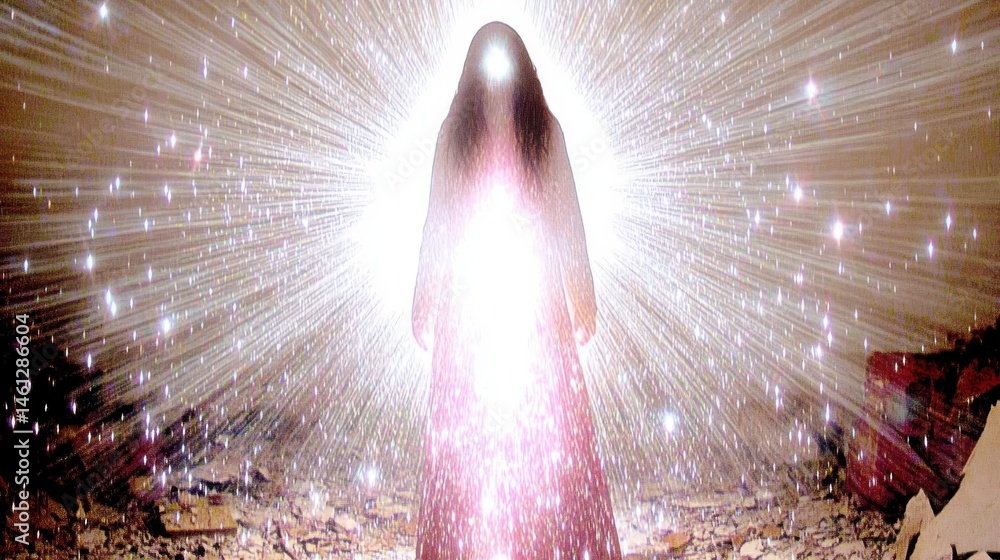 Poster ethereal figure surrounded by radiant light in an abandoned space with sparkling particles and mysti