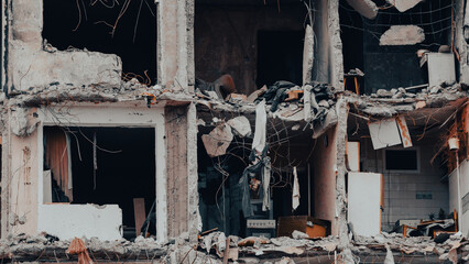 ruined street and destroyed houses in Ukraine
