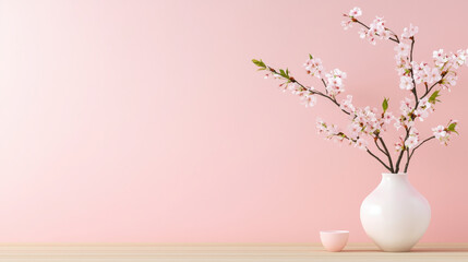 Beautiful arrangement of cherry blossoms in white vase against soft pink background creates serene and elegant atmosphere
