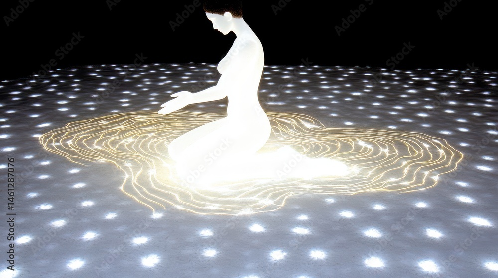 Poster ethereal figure embracing light on dark background in artistic representation of serenity and connec