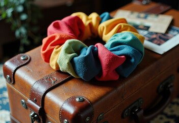 Colorful scrunchie resting on a vintage leather suitcase