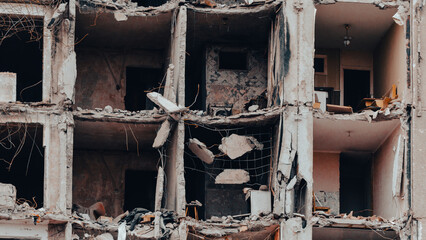 ruined street and destroyed houses in Ukraine