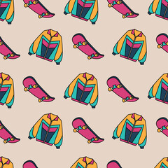 Colorful 90s Jacket and Skateboard Seamless Pattern. Bold, colorful design ideal for nostalgic fashion and lifestyle themes