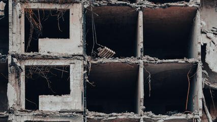 ruined street and destroyed houses in Ukraine