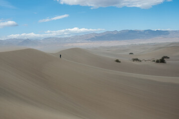 A hiker walks across the middle dunes of the Pyramid Dunes, framed by desert shrubs and open blue sky in Death Valley, captured May 26, 2019