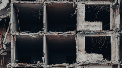 ruined street and destroyed houses in Ukraine
