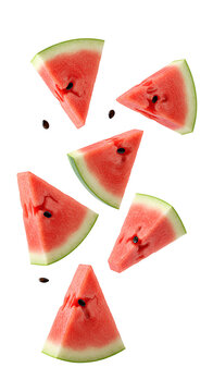 watermelon slices falling down PNG. slices of watermelon fruit flying isolated. Fresh, juicy and organic watermelon slices falling png for summer and hydration concept. Watermelon slices top view png
