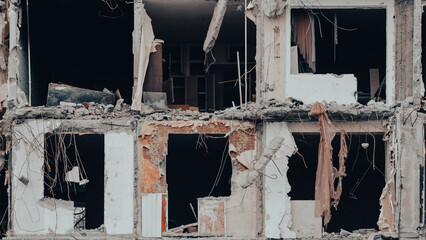 ruined street and destroyed houses in Ukraine