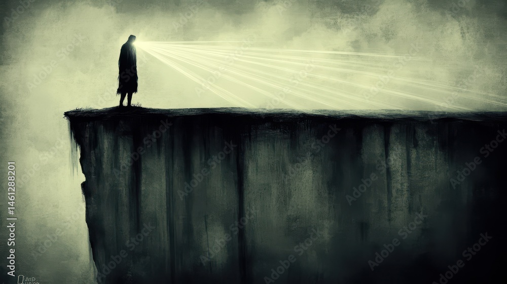 Poster Solitary Figure on Cliff with Rays of Light Breaking Through Dark Clouds and Misty Background