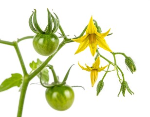 Fototapeta premium Green Tomatoes and Yellow Flowers on Vine