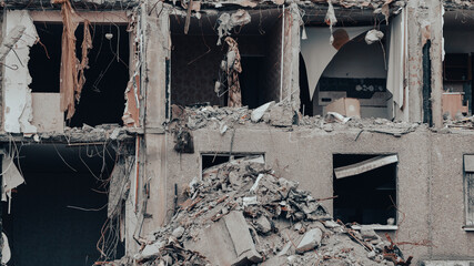 ruined street and destroyed houses in Ukraine