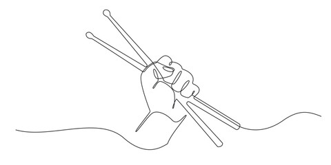 Obraz premium continuous line drawing of hand holding drum stick.single line drawing of drummer.music player.single line vector illustration.isolated white background.