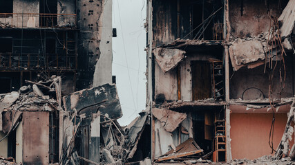ruined street and destroyed houses in Ukraine