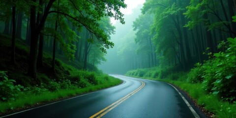 Obraz premium Serene Winding Road Through a Misty Green Forest on a Wet Day
