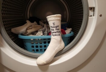 A humorous sock with a message resting on a dryer door