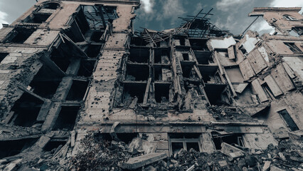 ruined street and destroyed houses in Ukraine
