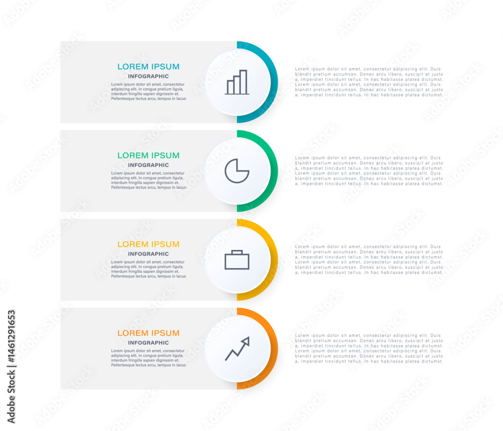 Poster vertical chart with 4 circular elements placed one below other. minimal infographic design template 