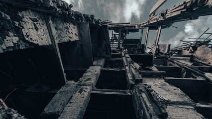 ruined street and destroyed houses in Ukraine