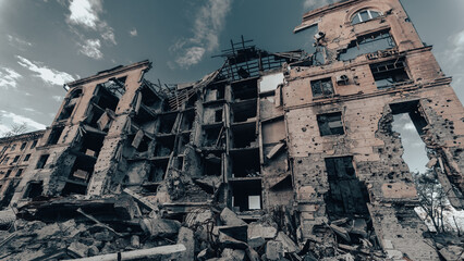 ruined street and destroyed houses in Ukraine