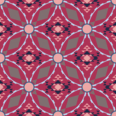 A vibrant geometric pattern featuring ovals and diamond shapes in dark blue,beige,grey and warm colors,creating a symmetrical, ethnic-inspired design on a red background.