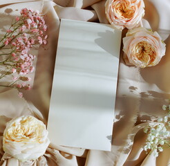 Wedding invitation envelope, greeting card mockup with roses flowers frame on beige silk background top view.Copy space. Wedding , birthday, holiday backdrop.