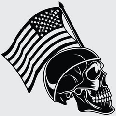 American skull with American flag image silhouette design vector art and illustration