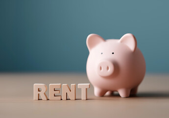 Piggy bank near RENT letters represents budgeting