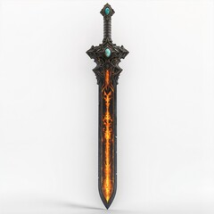 Dark fantasy sword with fiery glowing core, intricate gothic hilt design, and mystical gemstones set against a white background.