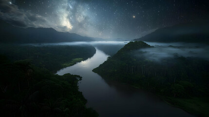Misty Rainforest River At Night With Stars