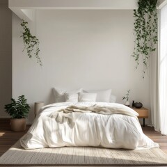 Blank white wall in bright white minimal contemporary bedroom interior, white bed linen and green houseplants, boho home decor style