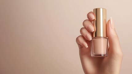 Young Woman hands hold Neutral color nail polish bottles,Creative flat lay of fashion bright nail polishes,Minimal style,Nude tones color,Beauty blogger concept,beauty,fashion,Copy space.