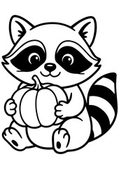 Fototapeta premium Black and white vector of a raccoon holding a pumpkin in autumn. Ideal for engraving, children's books, logos, and seasonal design projects