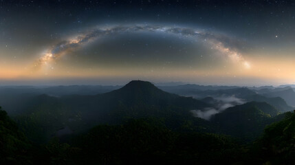 Fototapeta premium Panoramic View Of Mountains At Night Under Milky Way Galaxy
