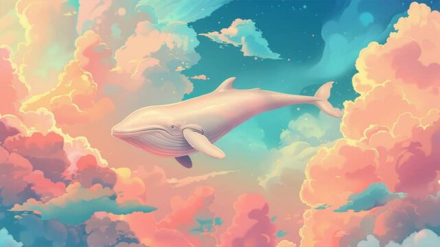 A beautiful digital artwork of a whale swimming gracefully among pastel clouds.