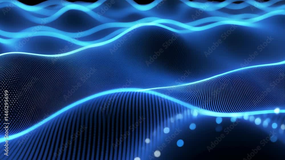 Poster abstract blue waves with glowing lines and dots create mesmerizing digital landscape.