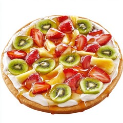 A delicious fruit pizza with a sweet shortbread crust, topped with vanilla cream