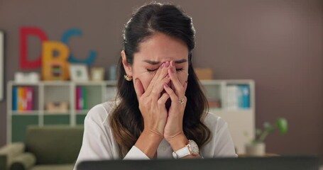 Tired, woman and teacher with headache on laptop for workload pressure, burnout and lesson mistake. Fatigue, person and migraine with online research, teaching fail and brain fog for grading deadline