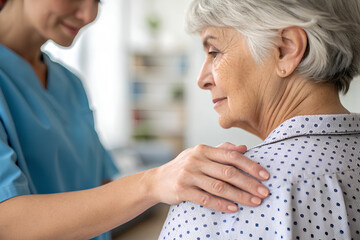 Obraz premium Caregiver offering comfort to elderly woman