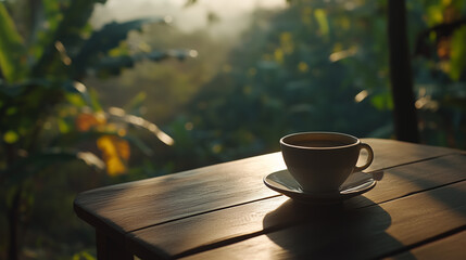 Coffee cup on a wooden table, radiating warmth and simplicity, evoking a sense of calm and morning serenity.