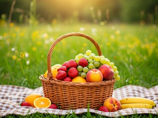 Summer picnic in spring meadow, basket with fresh fruits