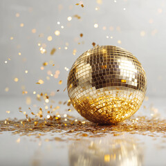 Obraz premium Disco Ball Glamour: A golden disco ball rests on a surface, surrounded by sparkling golden confetti, creating a vibrant and celebratory atmosphere.