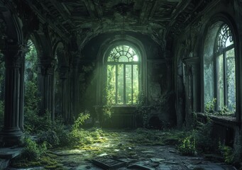 Obraz premium Overgrown Interior of a Decaying Building Sunlight Illuminates Plants in Dark, Moody Room