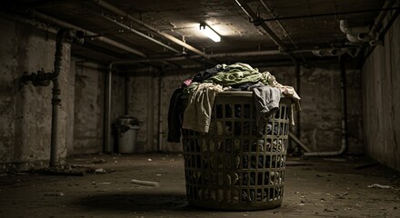 Overgrown Laundry Basket in a Dark, Derelict Basement