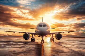 Jet plane at sunset on runway