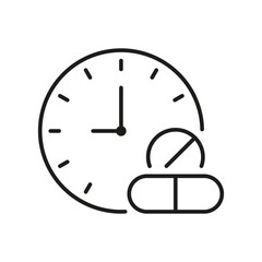 Clock With Pills Line Icon. Medication Timing, Dosage Schedule, And Prescription Management Outline Symbol. Healthcare Planning. Editable Stroke. Isolated Vector Illustration