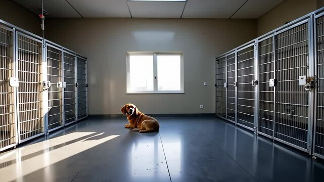 Dog sitting alone in an empty kennel with natural light  
