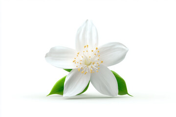 Obraz premium White jasmine flower blooming with green leaves on a plain background