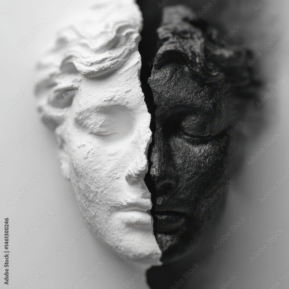 Poster abstract depiction of a split human head showcasing contrasting halves representing duality in thoug