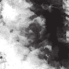 A grayscale portrait reveals a partial face with dynamic dot